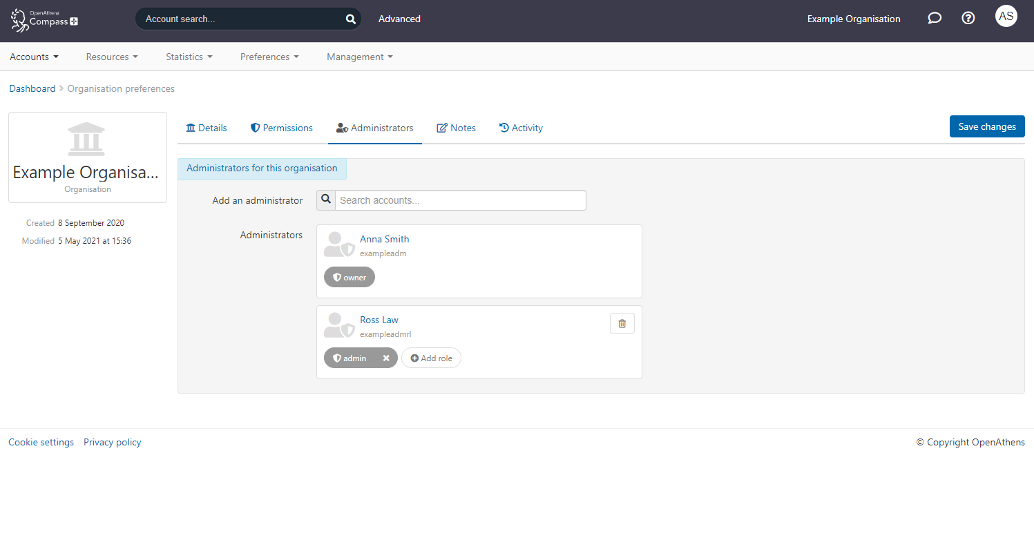 Screenshot of the Administrators tab. The tab contains a search field labeled 'Add an administrator', followed by a list of existing administrators and their roles. At the top of the screen is a button labeled 'Save changes'.