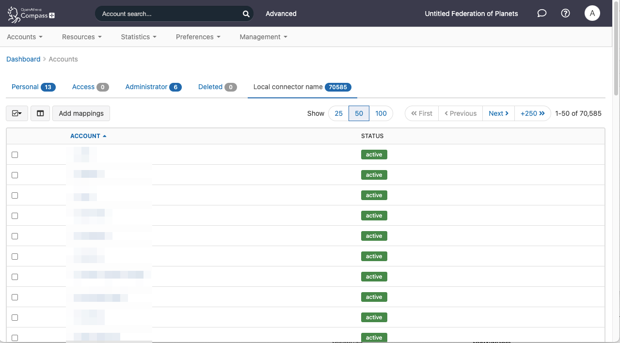 List of local connector accounts. These accounts are displayed in a table with two columns, 'Account' and 'Status'. Above the table are buttons for viewing the next or previous page in the list.