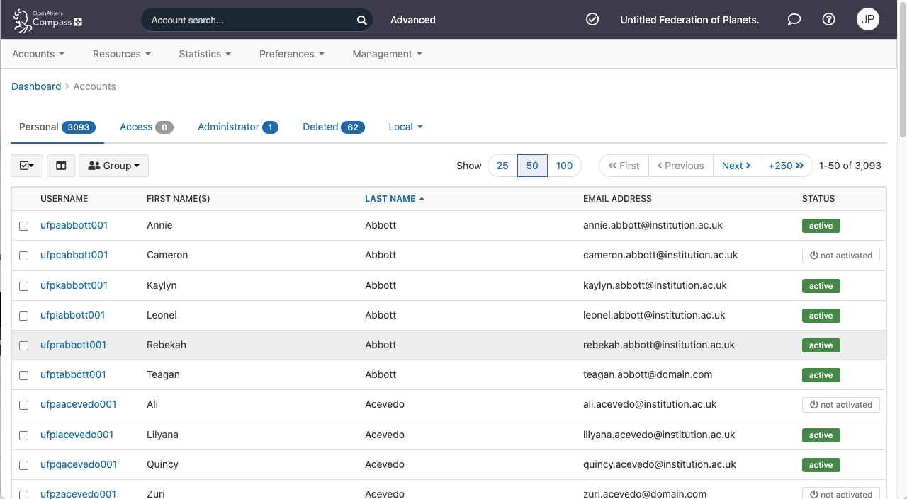 List of personal accounts, displayed as a table with five columns. The columns are 'Username' (which links to details of the individual account), 'First names', 'Last name', 'Email address' and 'Status'. 'Status' shows either 'active' or 'not activated'. Above the table are buttons to view the next or previous page in the list.