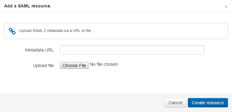 Pop-up window titled 'Add a SAML resource'. It displays the message 'Upload SAML 2 metadata via a URL or file'. There is a text field labeled 'Metadata URL' and a button labeled 'Upload file'. At the bottom of the window are buttons labeled 'Create resource' and 'Cancel'.