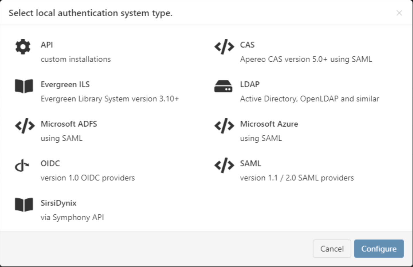 Pop-up window titled 'Select local authentication system type'. It shows the options 'API', 'Evergreen ILS', 'Microsoft ADFS', 'OIDC', 'SirsiDynix', 'CAS', 'LDAP', 'Microsoft Azure' and 'SAML'. At the bottom of the window are buttons labeled 'Configure' and 'Cancel'.