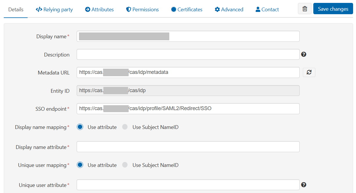 Details tab of a CAS connection. Visible fields are 'Display name', 'Description', 'Metadata URL', 'Entity ID', 'SSO endpoint', 'Display name mapping', 'Display name attribute', 'Unique user mapping' and 'Unique user attribute'. At the top of the page is a button marked 'Save changes'.