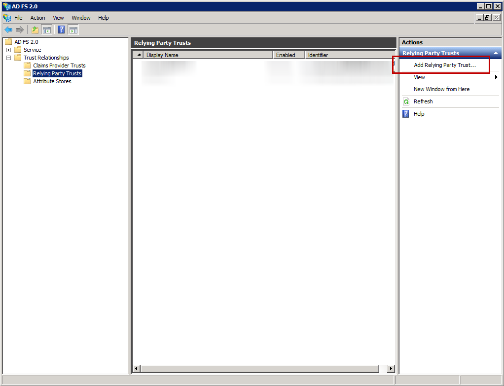 Screenshot. The central pane in the interface, titled 'Relying Party Trusts', is empty. In the right menu is an option to 'Add Relying Party Trust'.