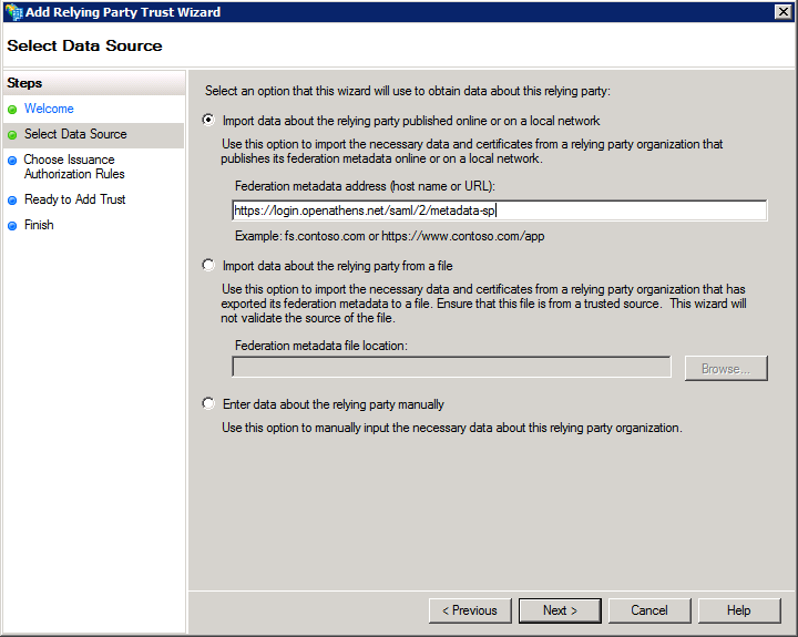Second step of the Add Relying Party Trust wizard, titled 'Select Data Source'. It shows three options - 'Import data about the relying party published online or on a local network', 'Import data about the relying party from a file', or 'Enter data about the relying party manually'. At the bottom of the window are buttons marked 'Next', 'Previous', 'Cancel' and 'Help'.