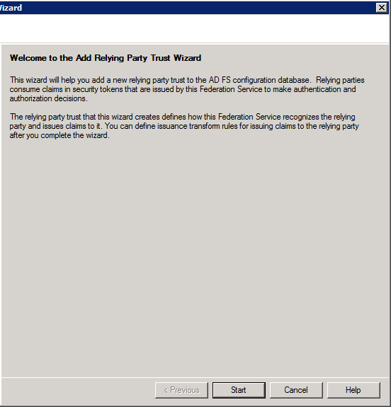 Dialog box titled 'Welcome to the Add Relying Party Trust Wizard'. Following some introductory text are buttons marked 'Start', 'Cancel' and 'Help'.