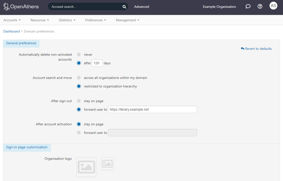 Domain preferences page. Among the settings on this page is one called 'After sign out'. It can be set either to 'stay on page', or to 'forward user to (a specified URL)'.