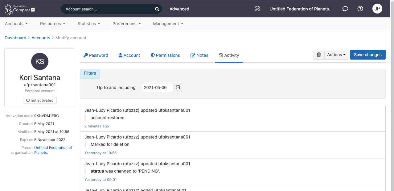 Activity tab for an individual user account. It show a list of actions up to and including 6 May 2021.