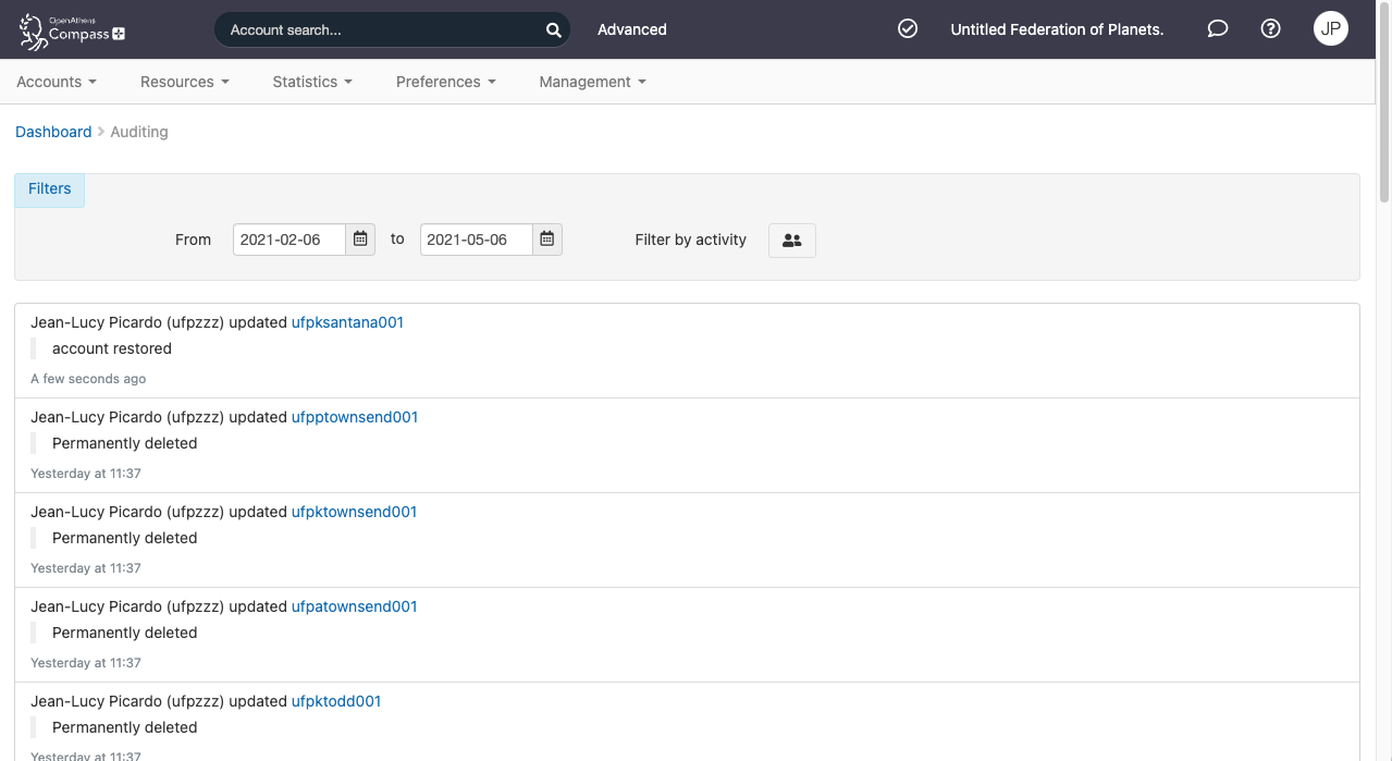 Auditing screen, showing a list of actions performed between 6 February 2021 and 6 May 2021.