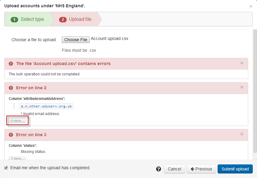 'Upload file' tab, showing that an error occurred on upload. It shows details of which rows and columns in the file caused the issue and the nature of the error or errors.
