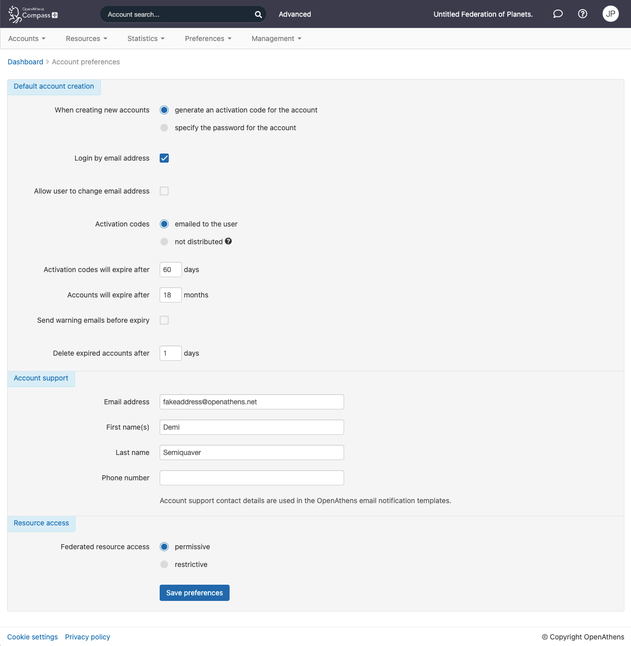 Account preferences page. It has several groups of controls under the headings 'Default account creation', 'Account support' and 'Resource access'. At the bottom of the page is a button labeled 'Save preferences'.