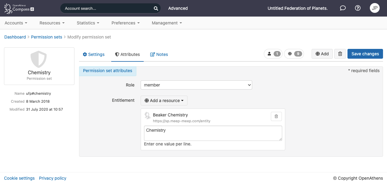 Attributes tab of a permission set called 'Chemistry'. It shows a drop-down list called 'Role', which is set to 'member'. Following that, a resource called 'Beaker Chemistry' is selected for editing. The resource is shown with a large text field in which values can be entered on separate lines. Currently, this field contains the value 'Chemistry'. A button labeled 'Add a resource' enables another resource to be selected. At the top of the tab is a button labeled 'Save changes'.
