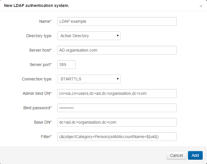 Pop-up window titled 'New LDAP authentication system'. It contains the editable fields 'Name', 'Directory type', 'Server host', 'Server port', 'Connection type', 'Admin bind DN', 'Bind password', 'Base DN' and 'Filter'. At the bottom of the window are buttons marked 'Add' and 'Cancel'.
