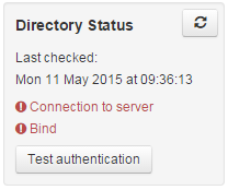 'Directory Status' panel, showing the date last checked and two warnings of potential issues - 'Connection to server' and 'Bind'. There are also buttons marked 'Test authentication' and 'Refresh'.