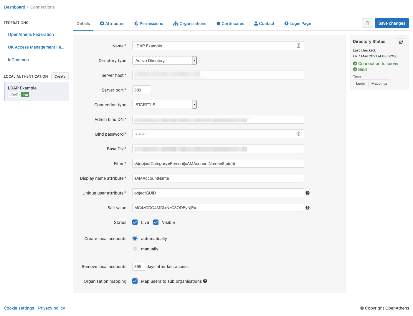 Details of the LDAP connection. The 'Directory Status' panel no longer shows warnings.