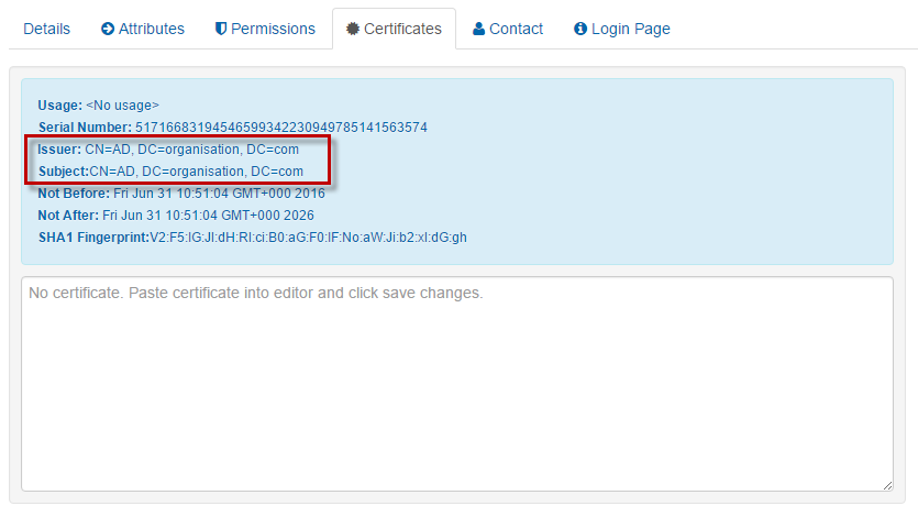 Certificates tab, showing the following details - 'Usage', 'Serial number', 'Issuer', 'Subject', 'Not before', 'Not after' and 'SHA1 fingerprint'. Following these is a large text field, containing the message 'No certificate. Paste certificate into editor and click save changes.'