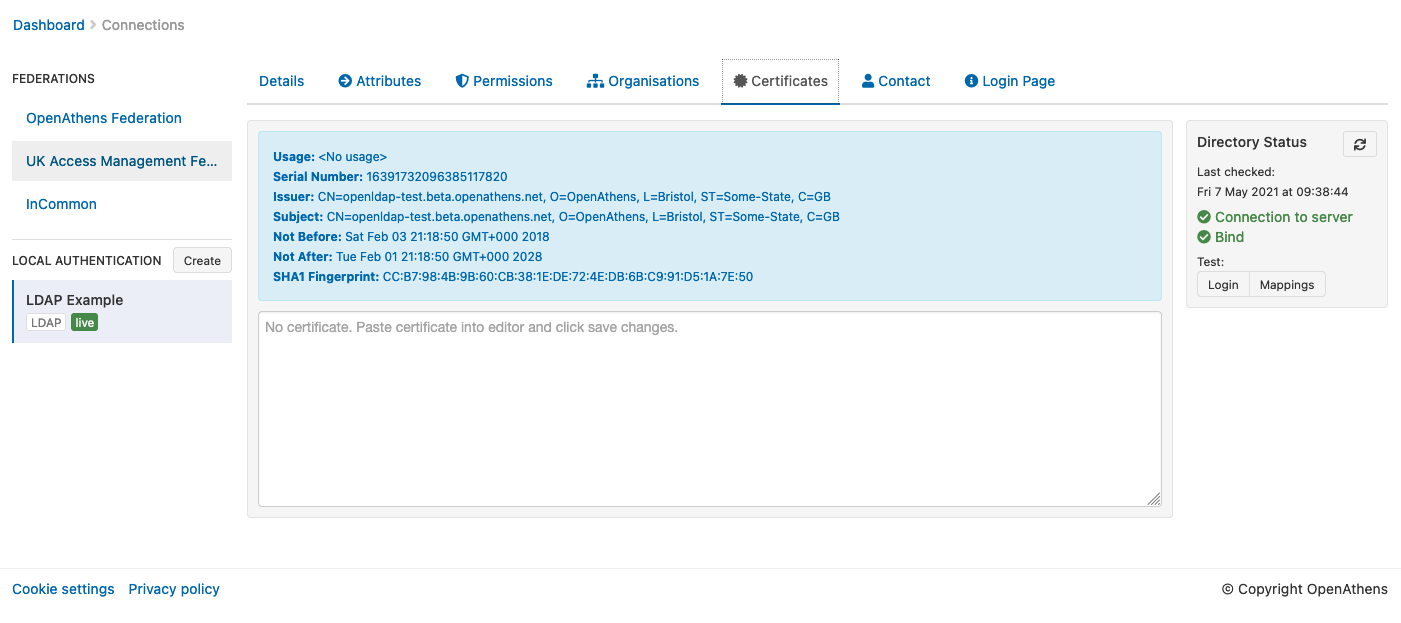 Certificates tab of a federated connection. A large text field reads, 'No certificate. Paste certificate into editor and click save changes.'