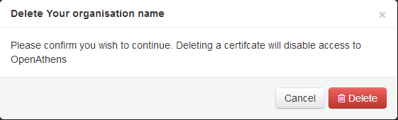 Pop-up titled 'Delete (your organization name)'. A message reads, 'Please confirm you wish to continue. Deleting a certificate will disable access to OpenAthens'. Following this are buttons labeled 'Delete' and 'Cancel'.