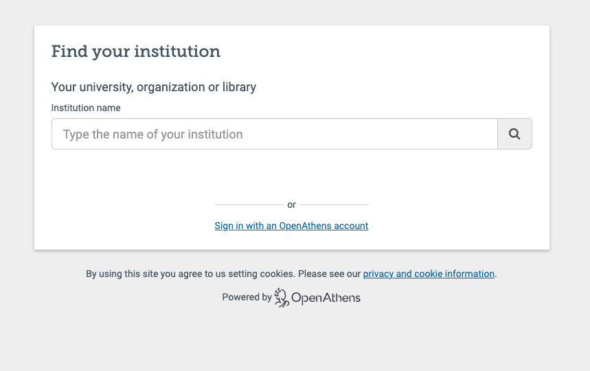 Discovery page, headed 'Find your institution'. There are options to search for an institution by name or to sign in with an OpenAthens account.