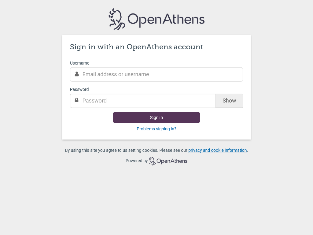 Login screen titled 'Sign with an OpenAthens account'. There are fields for entering a username and password, and a button labeled 'Sign in'.