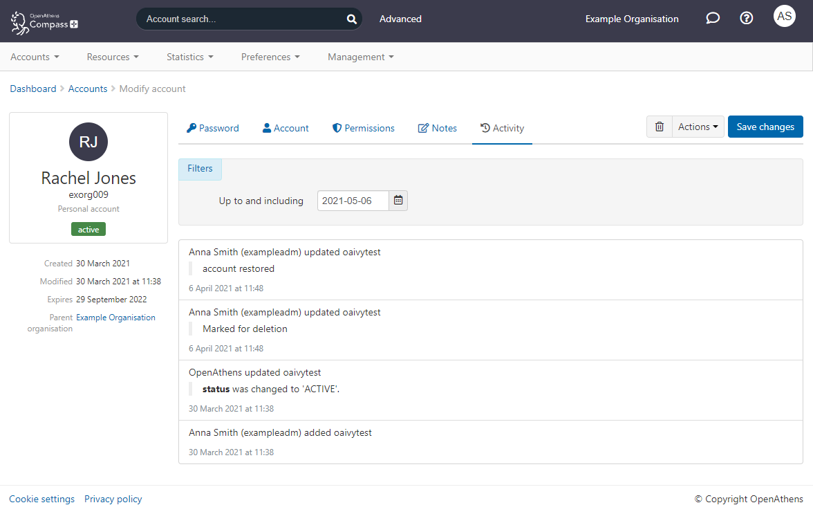 Activity tab for a user called Rachel Jones. It shows a list of actions in reverse chronological order, with the most recent first. We learn that the account was activated, later marked for deletion, and subsequently restored.