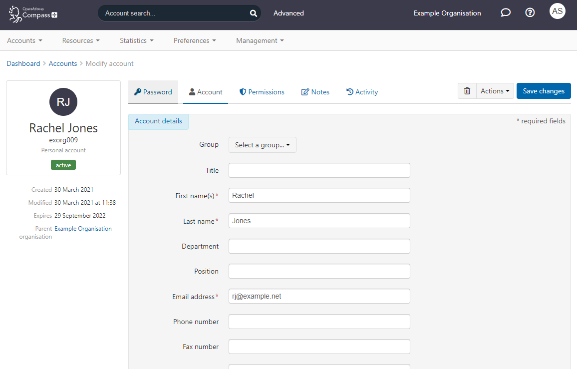 Account tab for a user called Rachel Jones. Editable fields include 'Group', 'Title', 'First names', 'Last name', 'Department', 'Position', 'Email address','Phone number' and 'Fax number'. The first name, last name, and email address fields are marked as mandatory. At the top of the screen is a button labeled 'Save changes'.