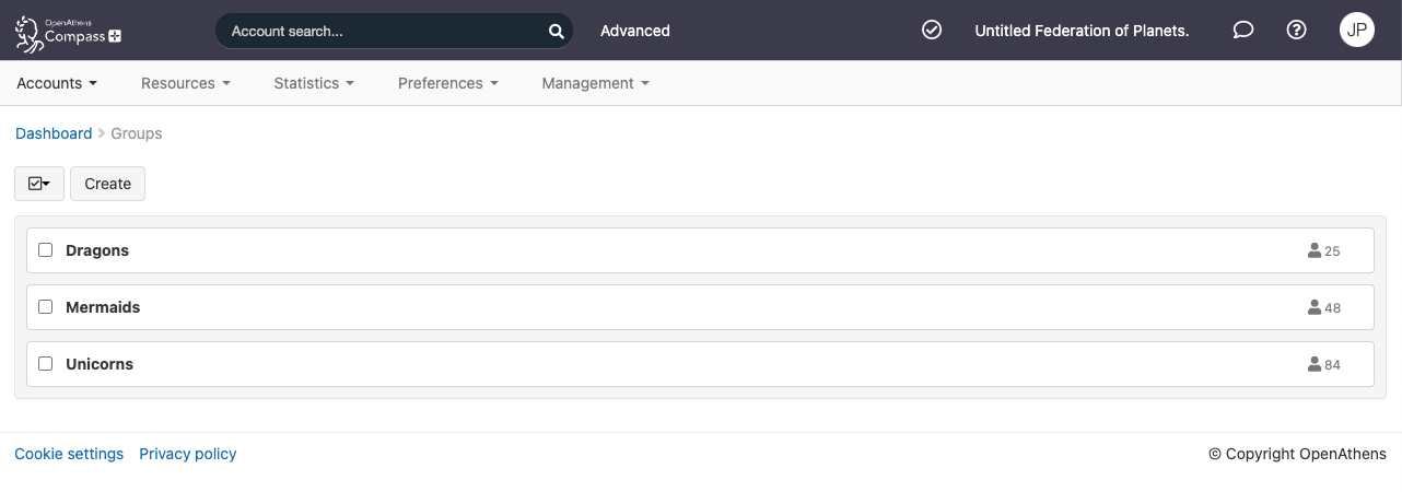 Main Groups page, showing three existing groups. Each group can be ticked or unticked. Above the list is a button marked 'Create'.