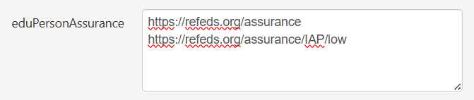 eduPersonAssurance field containing two values on separate lines.