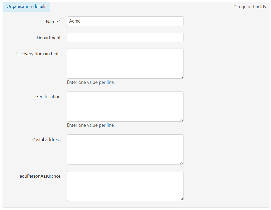 'Organisation details' section of the organisation preferences page. The last field in this section is called 'eduPersonAssurance'.