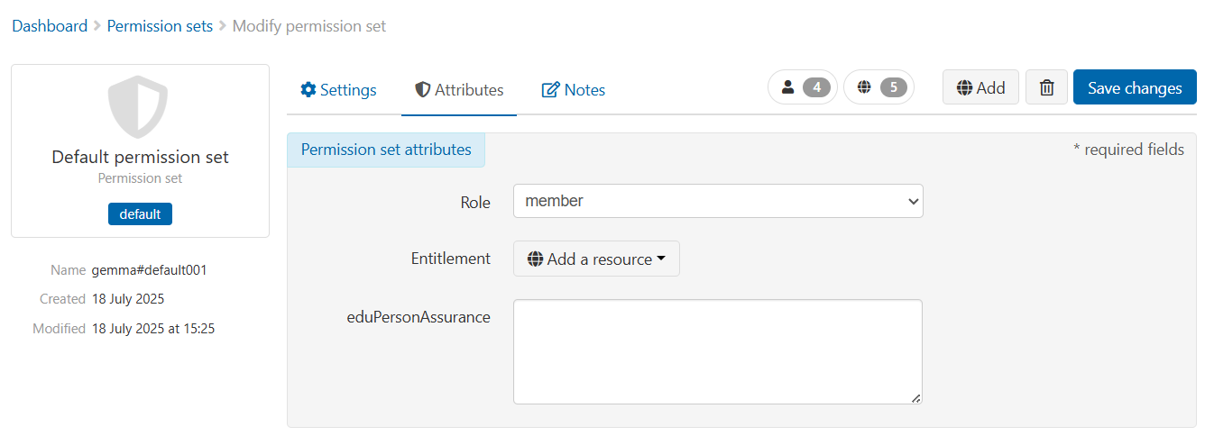 Attributes tab of the default permission set. The last field on this page is called 'eduPersonAssurance'.