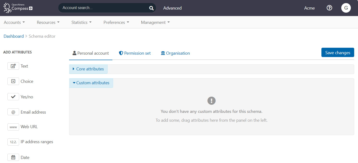 Schema editor, showing the default tab 'Personal account'. There is a choice of two other tabs, 'Permission set' and 'Organisation'.