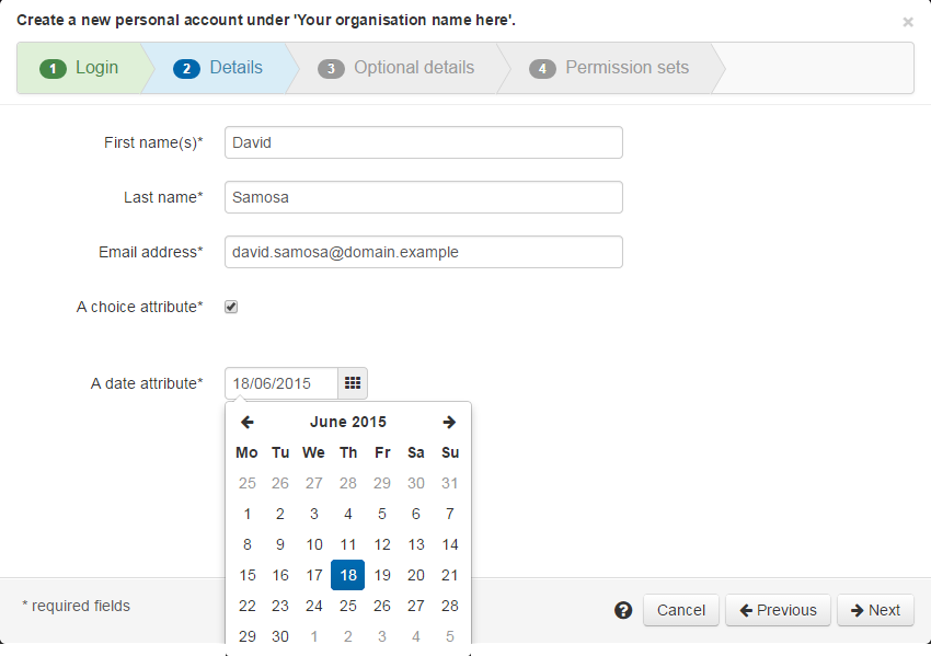 Screenshot of the Details tab of a personal user account. Following the standard fields 'First names', 'Last name' and 'Email address' are examples of a 'choice attribute' (a check box) and a 'date attribute' (a date picker).