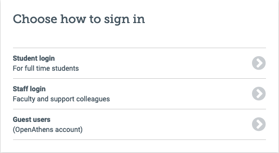 Page headed 'Choose how to sign in'. It shows the options 'Student login - for full time students', 'Staff login - faculty and support colleagues', and 'Guest users (OpenAthens account)'.