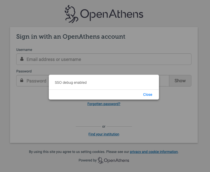 OpenAthens login screen, with an overlay that reads 'SSO debug enabled'.