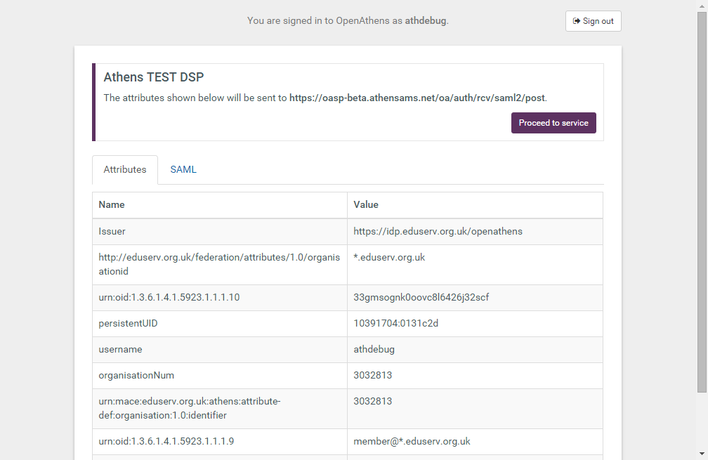 Table of attributes. Each attribute is shown with its name and value. Above the table, advisory text reads 'The attributes shown below will be set to (an example URL)'. There is a button labeled 'Proceed to service'.
