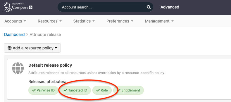 List of released attributes under the 'Default release policy'. Four attributes are shown - 'Pairwise ID', 'Targeted ID', 'Role' and 'Entitlement'. 'Targeted ID' and 'Role' are highlighted.