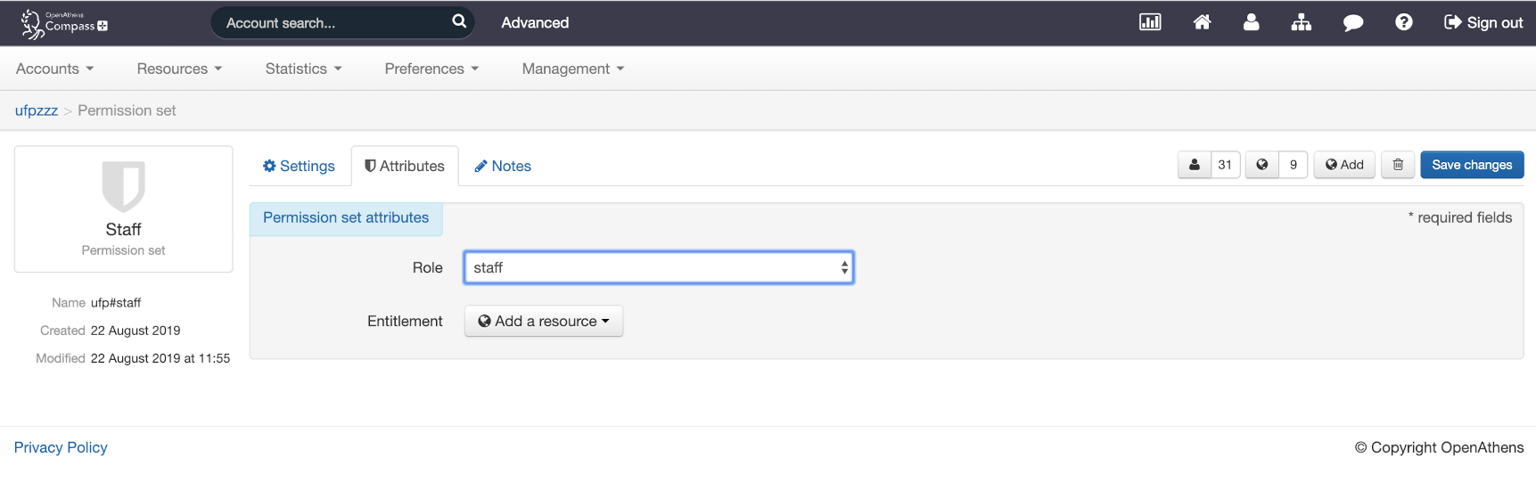 Attributes tab of a permission set called 'Staff'. It shows fields called 'Role' (which is currently set to 'staff') and 'Entitlement' (besides which is a button to add a resource). At the top of the page is a button marked 'Save changes'.