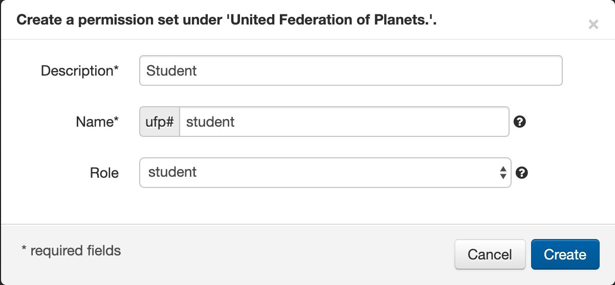 Controls for creating a new permission set. There are two mandatory text fields - 'Description' and 'Name'. In the 'Name' field, the account prefix is already filled in. There is also a field labeled 'Role', which is currently set to 'student'. At the bottom are 'Create' and 'Cancel' buttons.