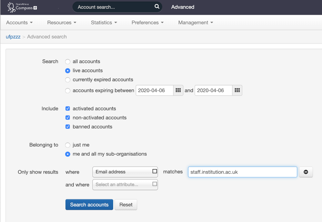 Advanced account search. There are options to search 'all accounts', 'live accounts', 'currently expired accounts' or 'accounts expiring between (specified dates)'. There is an option to include 'activated accounts', 'non-activated accounts' and 'banned accounts' in the search. There are also options to search for accounts based on their owner (either 'just me' or 'me and all my sub-organizations') and to return results where attributes match specified criteria.