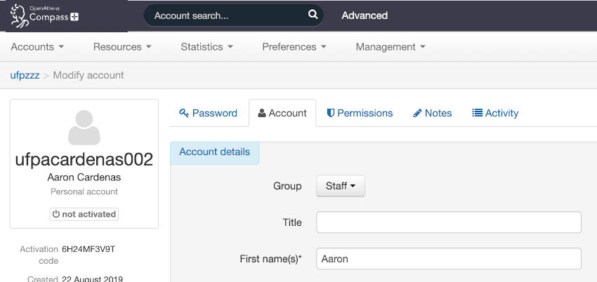 Account details for an inidividual user. The 'Group' drop-down list is sent to 'Staff'.
