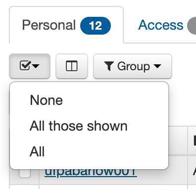 Account multi-selector, open to show the options 'None', 'All those shown' and 'All'.