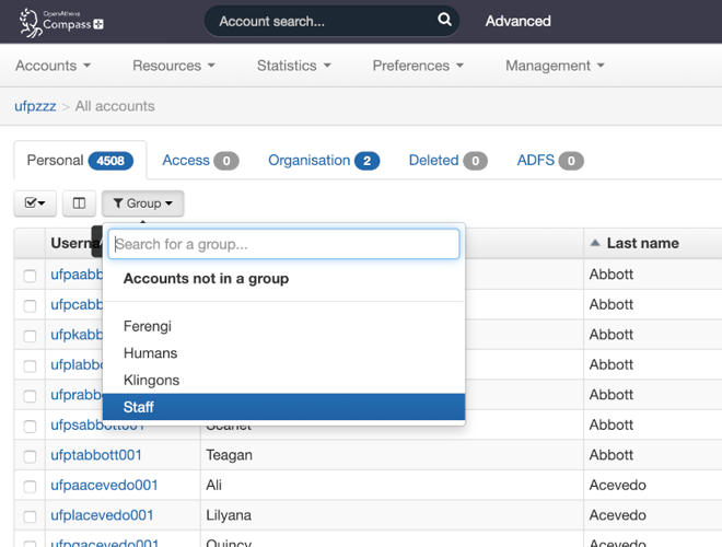 'Group' selector, open to show the options of filtering by a named group, filtering by 'Accounts not in a group', or searching for a group.
