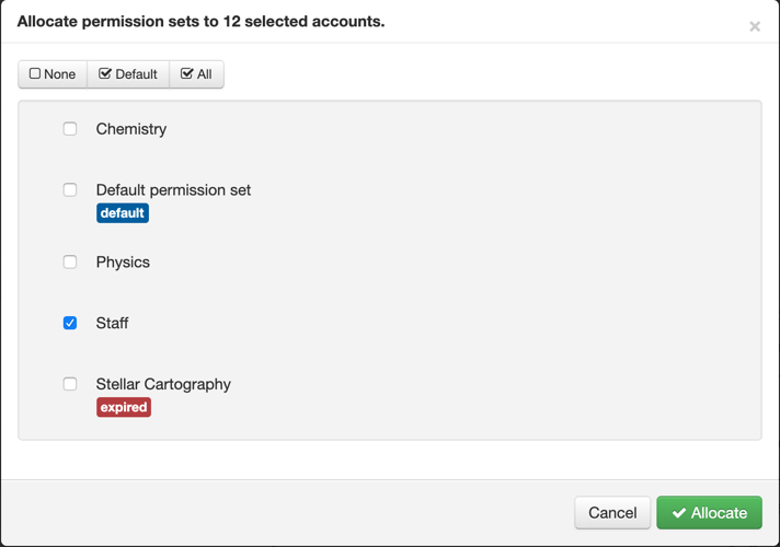 List of permission sets. One is called 'Default permission set' and has a 'default' label. Others are called 'Chemistry', 'Physics', 'Staff' and 'Stellar cartography' (the last is marked 'expired'). Beside each permission set are the numbers of users and resources to which it is assigned. There is also a button labeled 'Create'.