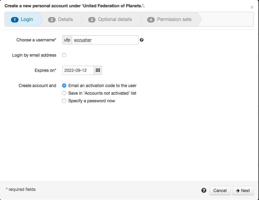 Login tab of the 'Create a new personal account' wizard. There is a text field, 'Choose a username', in which the account prefix is pre-loaded. This is followed by a check box, 'Login by email address', and a date field labeled 'Expires on'. Then there is a set of options, 'Create account and...', which can be set to 'Email an activation code to the user', 'Save in accounts not activated list' or 'Specify a password now.'. At the bottom of the screen are buttons labeled 'Next' and 'Cancel'.