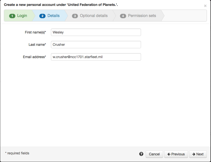 Details tab of the 'Create a new personal account' wizard. There are three text fields, all marked as mandatory - 'First names', 'Last name' and 'Email address'. At the bottom of the screen are buttons labeled 'Next', 'Previous' and 'Cancel'.