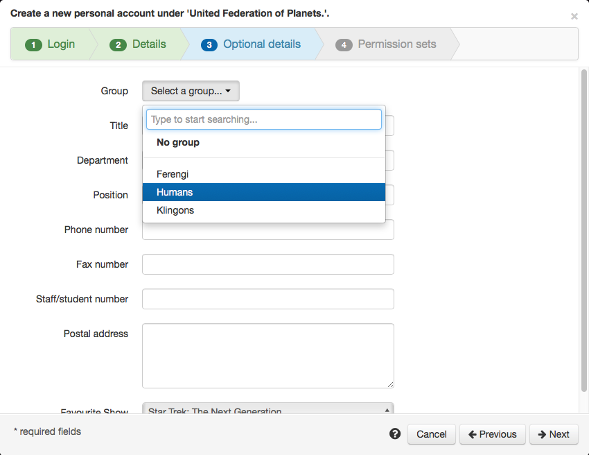 Optional details tab of the 'Create a new personal account' wizard. There is a drop-down selector labeled 'Group', followed by several text fields - 'Title', 'Department', 'Position', 'Phone number', 'Fax number', 'Staff or student number' and 'Postal address'. At the bottom of the screen are buttons labeled 'Next', 'Previous' and 'Cancel'.