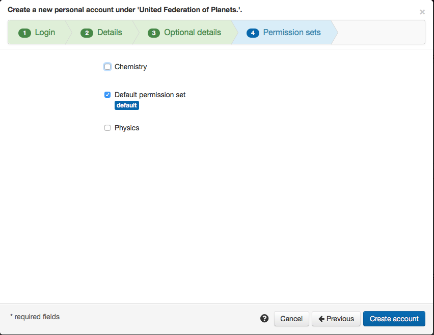 Permission sets tab of the 'Create a new personal account' wizard. There is a list of three permission sets, each with a check box that can be ticked or unticked. At the bottom of the screen are buttons labeled 'Create account', 'Previous' and 'Cancel'.