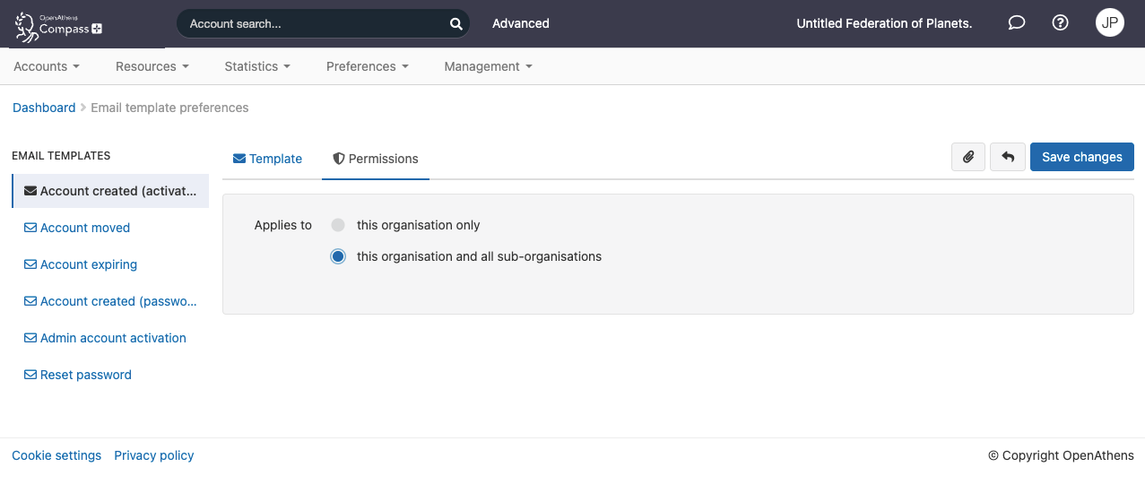 Permissions tab of an email template. The option 'Applies to' can be set to either 'this organization only' or 'this organisation and all sub-organizations'. At the top of the page is a button marked 'Save changes'.