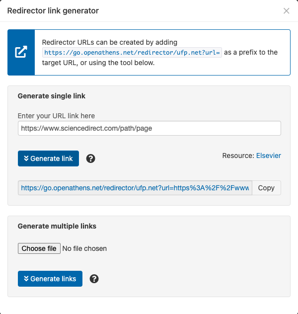 Screen titled 'Redirector link generator'. At the top of the screen, advisory text displays the prefix, beginning with 'go.openathens.net', that can be manually added to a target URL to create redirector links. There are also options to 'Generate single link, by entering a target URL and pressing 'Generate link', or to 'Generate multiple links', by uploading a file and pressing 'Generate links'.