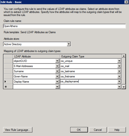 Dialog box titled 'Edit rule - Basic'. It shows a text field called 'Claim rule name', which reads 'OpenAthens'. Following this is a drop-down list labeled 'Attribute store', which is set to 'Active Directory'. Then there is a table headed 'Mapping of LDAP attributes to outgoing claim types', in which LDAP attributes are listed on the left and the corresponding claim types on the right. At the bottom of the window are buttons labeled 'OK', 'Cancel' and 'Help'.