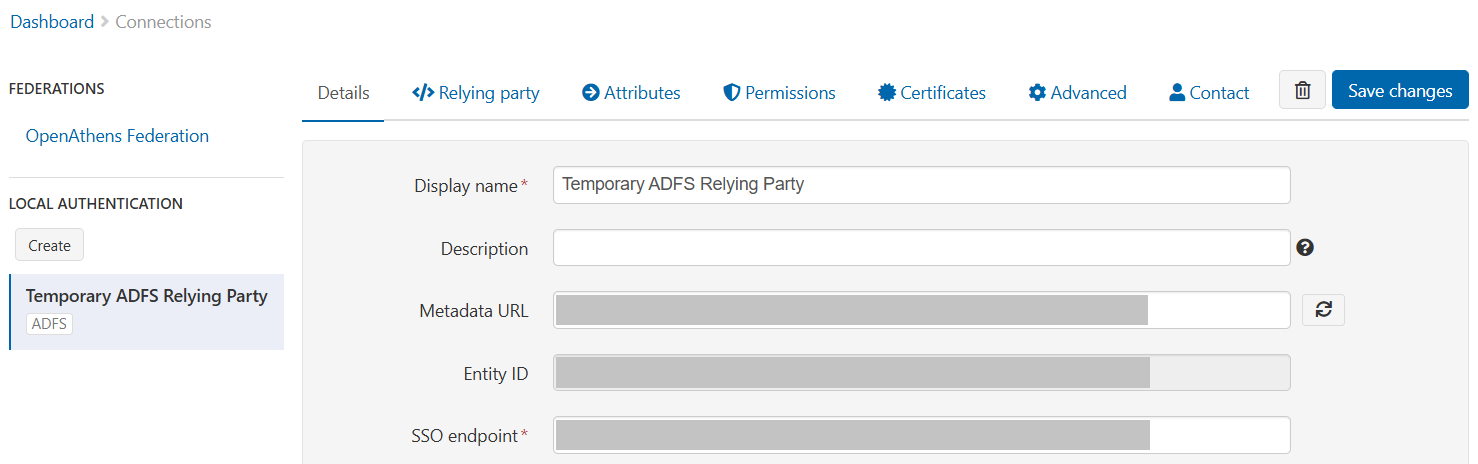 Details of a connector called 'Temporary ADFS Relying Party'. The settings of the connector are divided into several tabs - 'Details' (the default), 'Relying party', 'Attributes', 'Permissions', 'Certificates', 'Advanced' and 'Contact'. Fields shown in the default Details tab include 'Display name', 'Description', 'Metadata URL', 'Entity ID' and 'SSO endpoint'. There are also buttons to 'Save changes' or to delete the connector.